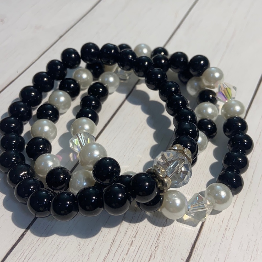 Stacking bracelet set of 3 black white pearl Crystal NEW